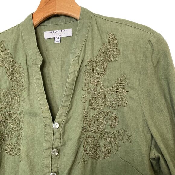 August Silk Options PL 100% Linen Green Blouse Floral Embroidered Button Up Top - Picture 6 of 13